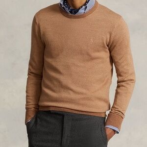 Polo Ralph Lauren Men's Camel Herringbone-Knit Washable Wool Sweater, Large, NWT